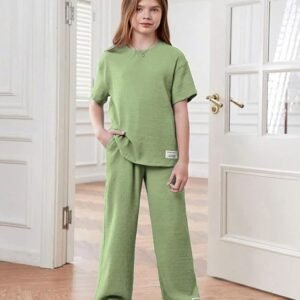 kids clothes for girls of Two-Piece Set, Short Sleeve Top with Wide Leg Pants, Cotton Textured Fabric, Casual Fashion western dress for girls 4.3 4.3 out of 5 stars   (22)