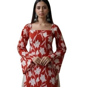 Women Pure Cotton Floral Printed Short Kurti | Square Neck | Full Sleeves | Stylish Ethnic Kurta | Back Tie-Up | Casual Wear Kurta