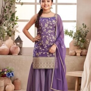 Wommaniya Impex Girl new Purple Simar Sharara suit set|Premium Designer Ethnic Wear for Kids