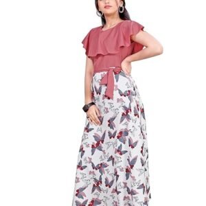 Girls Crepe Floral Printed Full Length Dress Pink